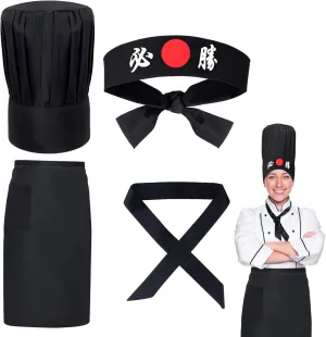 Hibachi Chef Hat Teppanyaki Tall Cap with Hachimaki Headband Tie Apron for Hibachi Party Costume Hibachi Chef Hat Teppanyaki Tall Cap with Hachimaki Headband Tie Apron for Hibachi Party Costume