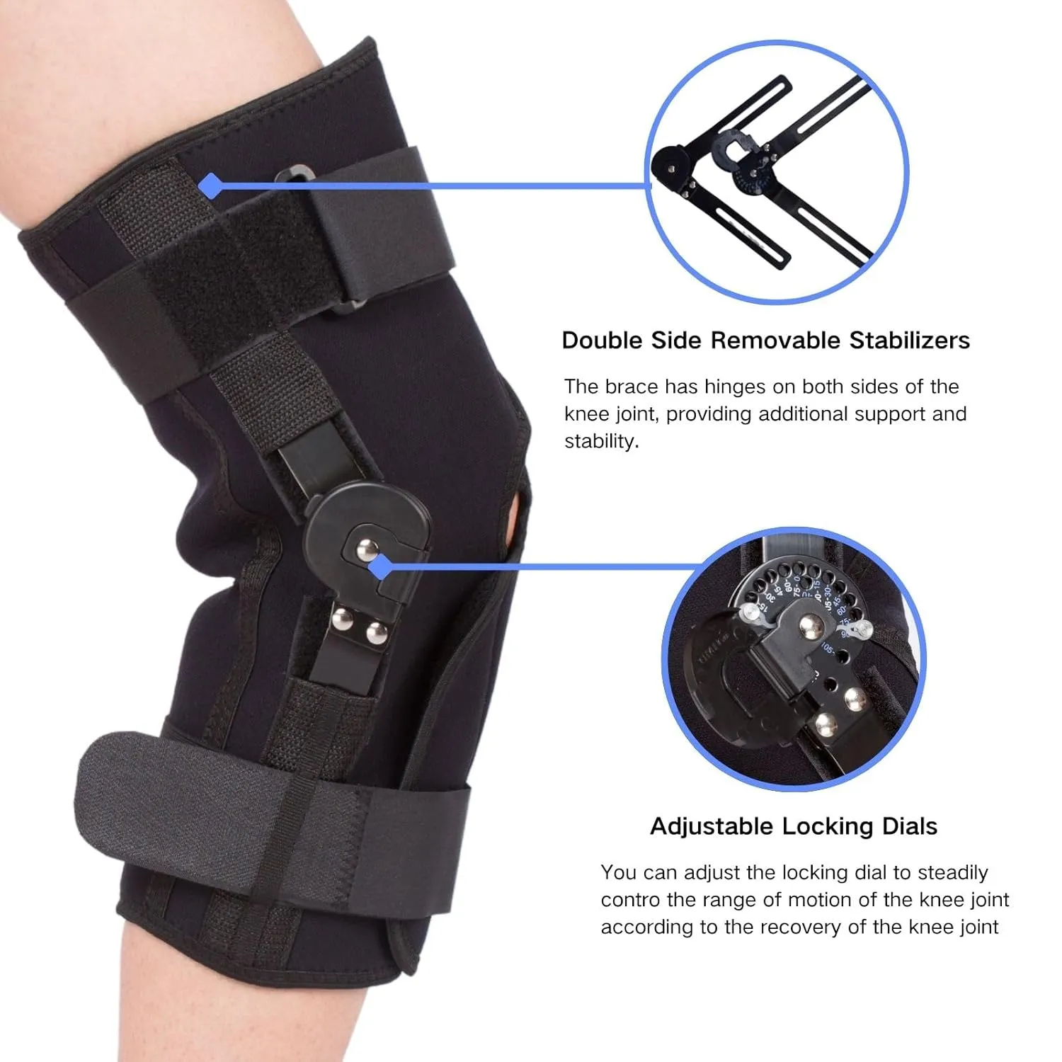 Hinged ROM Knee Brace, Post Op Knee Support Orthosis with Side Stabilizers & Locking Dials for Arthritis, Meniscus Tear, ACL, MCL, Medical ROM Knee Brace for Knee Pain