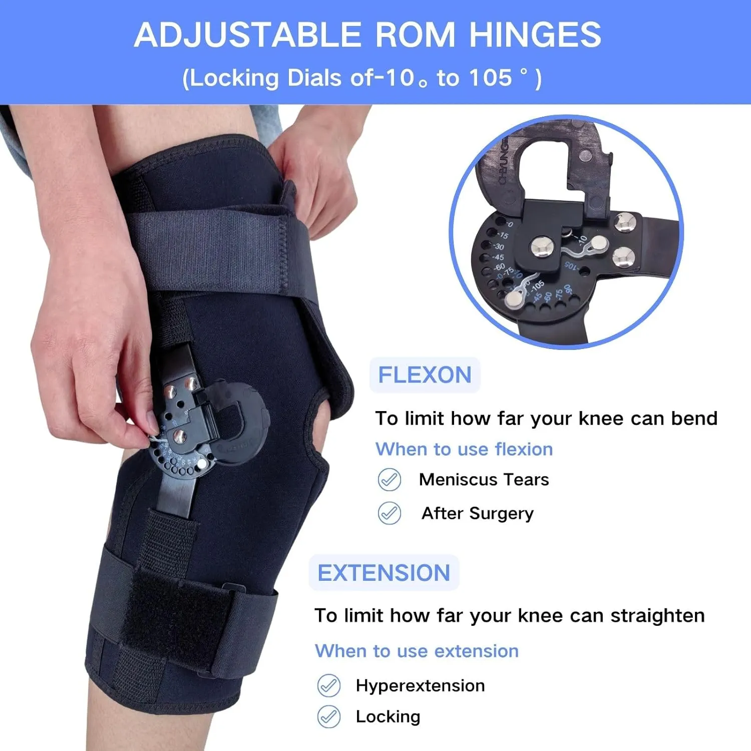 Hinged ROM Knee Brace, Post Op Knee Support Orthosis with Side Stabilizers & Locking Dials for Arthritis, Meniscus Tear, ACL, MCL, Medical ROM Knee Brace for Knee Pain