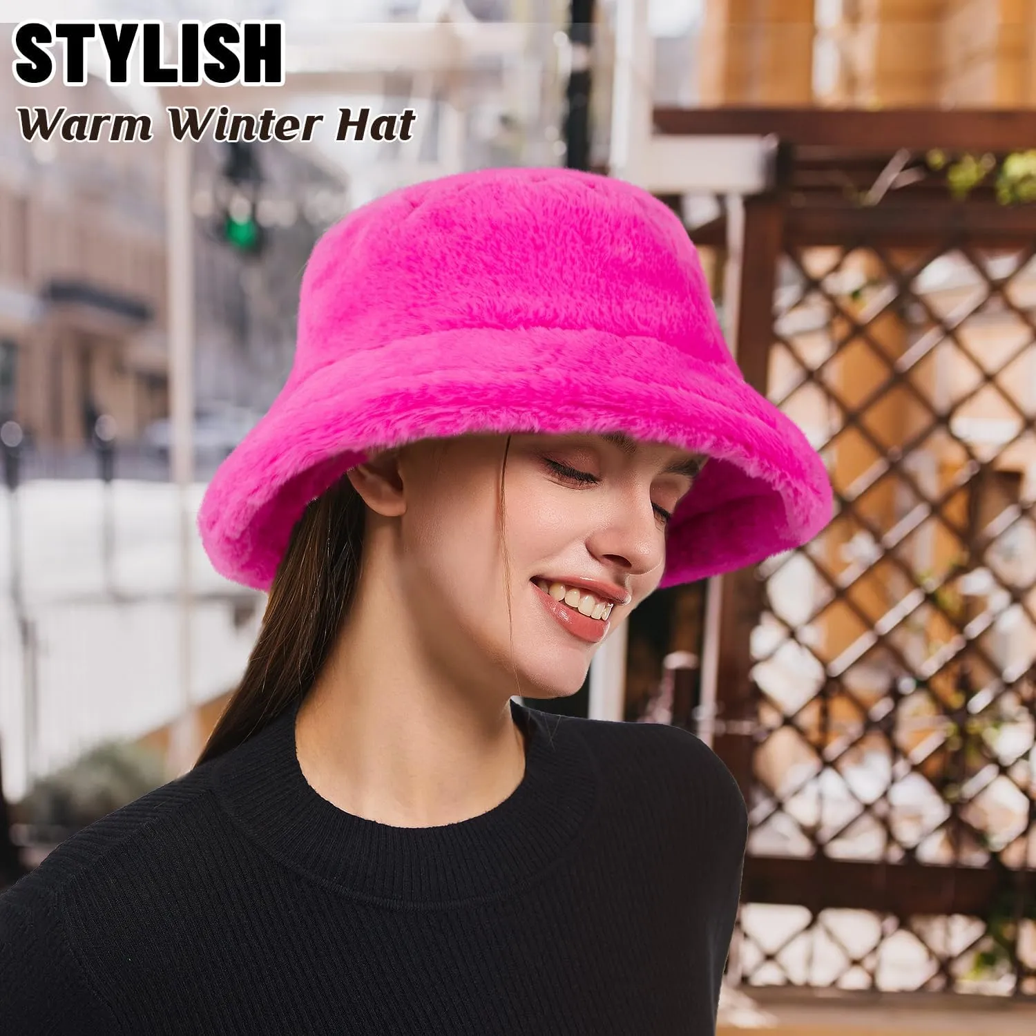 HONGTEYA Winter Bucket Hat Fluffy Faux Fur Fisherman Cap for Women Men Solid Color Style
