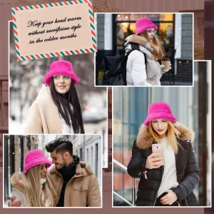 HONGTEYA Winter Bucket Hat Fluffy Faux Fur Fisherman Cap for Women Men Solid Color Style