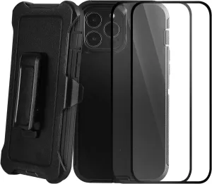 iPhone 15 Pro Holster Case (6.1") w 2 x Tempered Glass & Camera Screen Protectors, Military Grade Full Body Protection Shockproof/Dustproof/Drop Proof Rugged Defender Cover (Black)