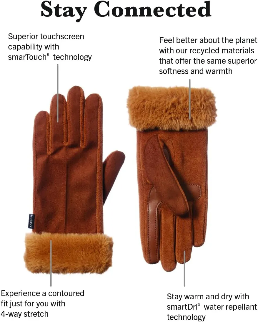 isotoner Womens Mya Microsuede Glove With Faux Fur Cuff Detail, Touchscreen Compatible and Water Repellent