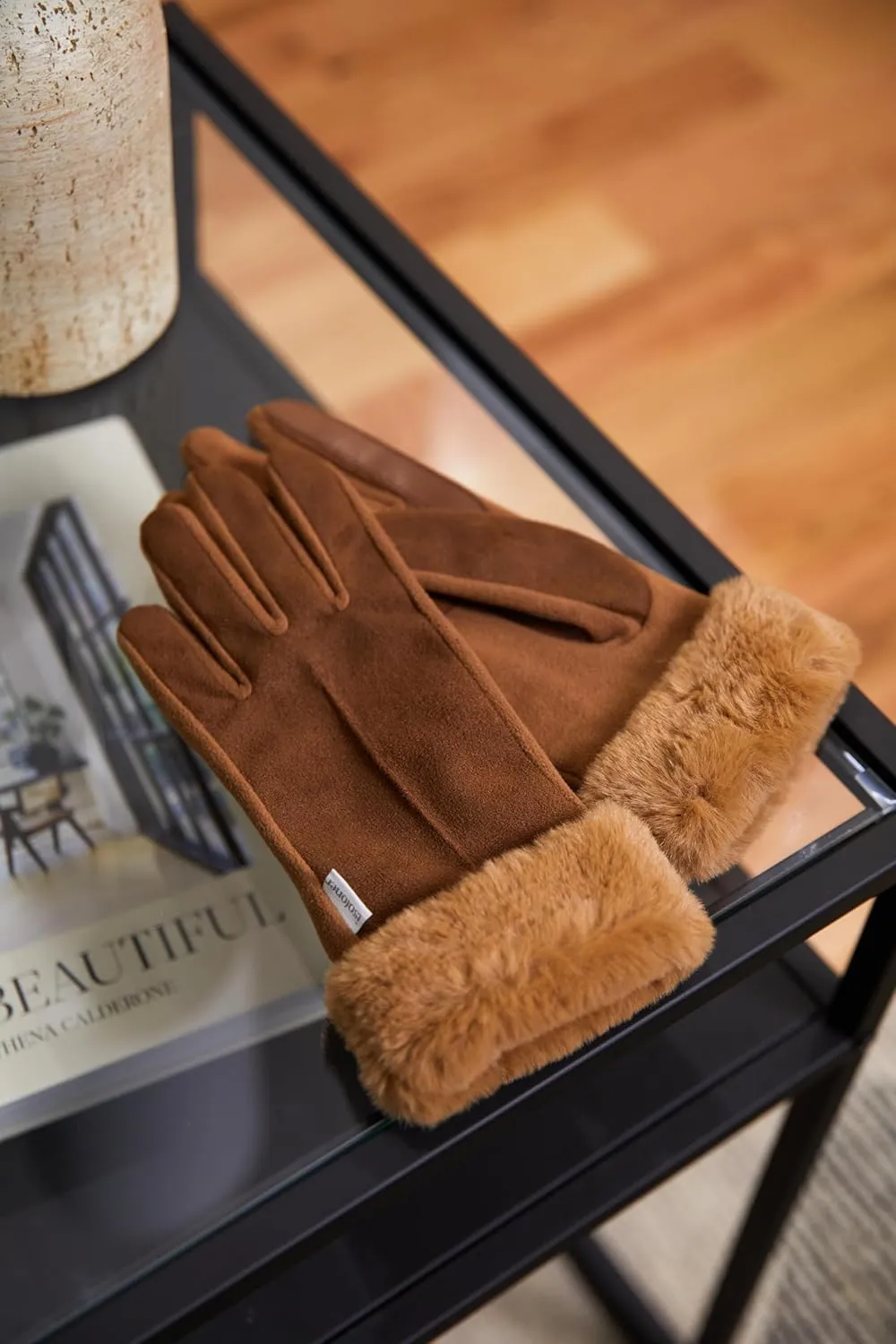 isotoner Womens Mya Microsuede Glove With Faux Fur Cuff Detail, Touchscreen Compatible and Water Repellent