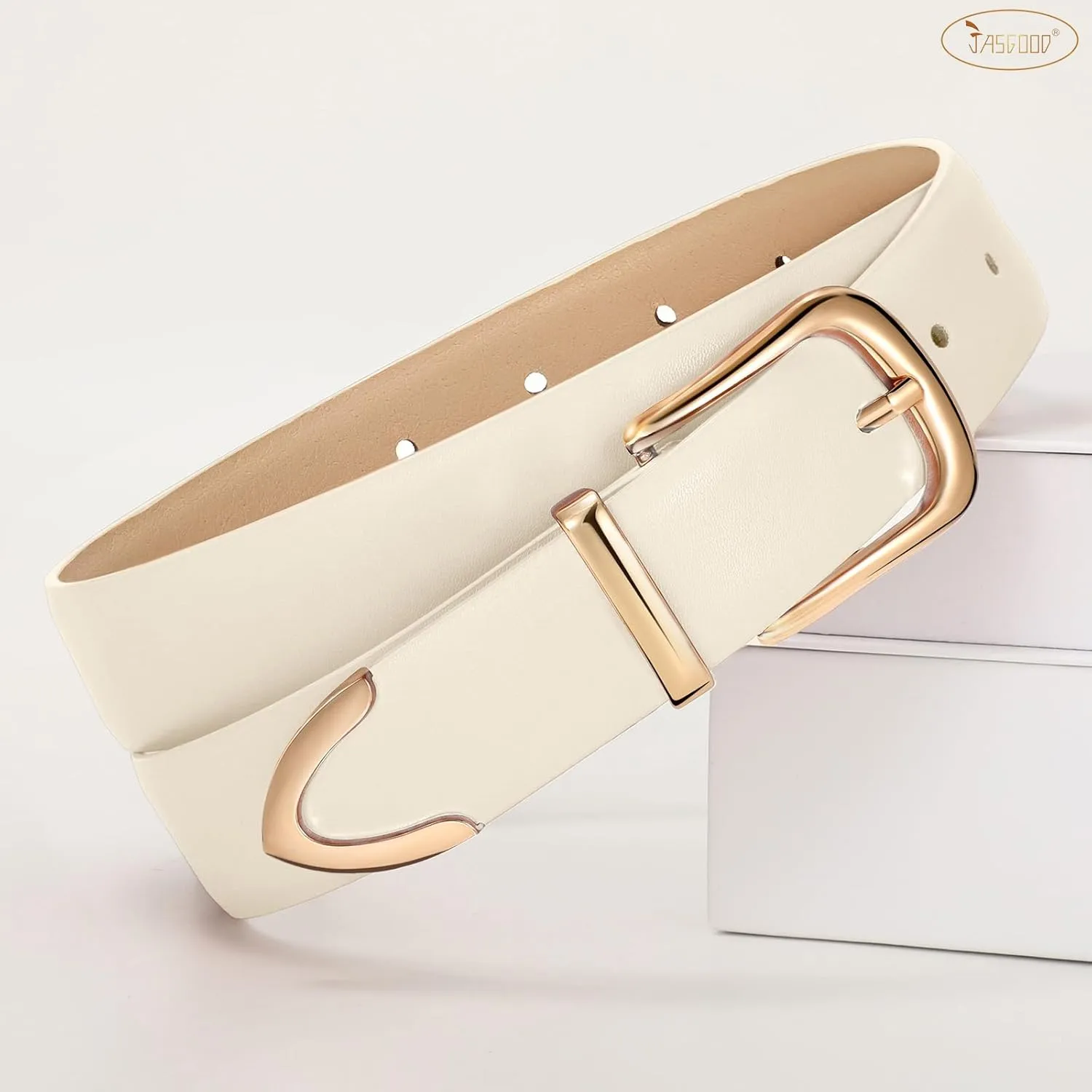 JASGOOD Women Leather Belt with Gold Buckle Ladies Fashion Faux Leather Waist Belt for Jeans Pants