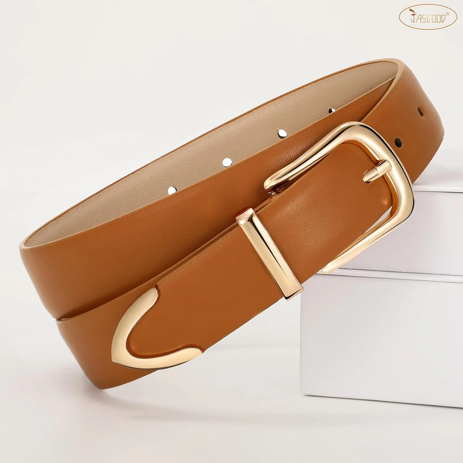 JASGOOD Women Leather Belt with Gold Buckle Ladies Fashion Faux Leather Waist Belt for Jeans Pants