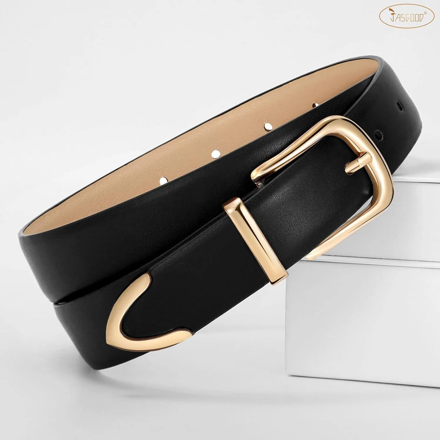 JASGOOD Women Leather Belt with Gold Buckle Ladies Fashion Faux Leather Waist Belt for Jeans Pants