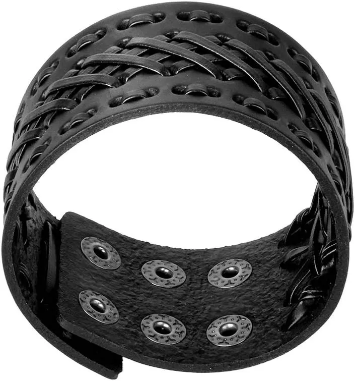 Jeilwiy Punk Leather Wristbands for Men Bracelets Handmade Wide Cuff Bangle Braided Jewelry Black Brown Adjustable - Punk Father's Gifts