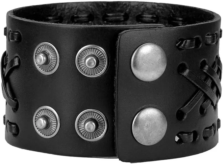Jeilwiy Punk Leather Wristbands for Men Bracelets Handmade Wide Cuff Bangle Braided Jewelry Black Brown Adjustable - Punk Father's Gifts