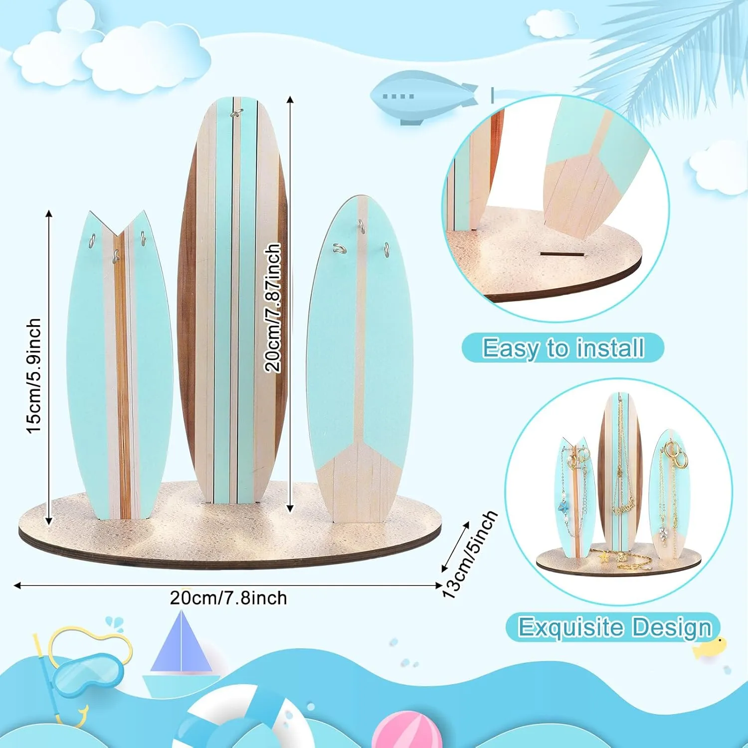 Jewelry Organizer Stand,Preppy Beach Room Decor for Teen Girls,Coastal Room Decor,Surfboard Jewelry Holder,Wooden Hawaii Surfer Gift(Blue)