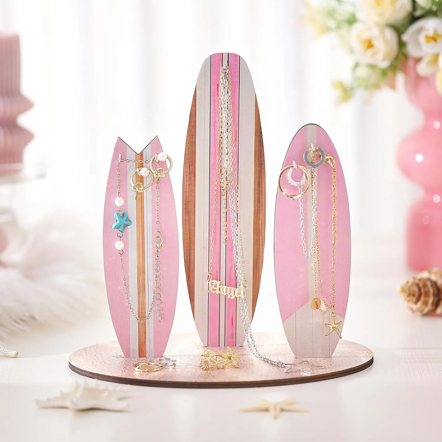 Jewelry Organizer Stand,Preppy Beach Room Decor for Teen Girls,Coastal Room Decor,Surfboard Jewelry Holder,Wooden Hawaii Surfer Gift(Pink)