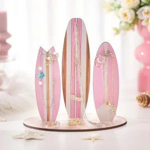 Jewelry Organizer Stand,Preppy Beach Room Decor for Teen Girls,Coastal Room Decor,Surfboard Jewelry Holder,Wooden Hawaii Surfer Gift(Pink)