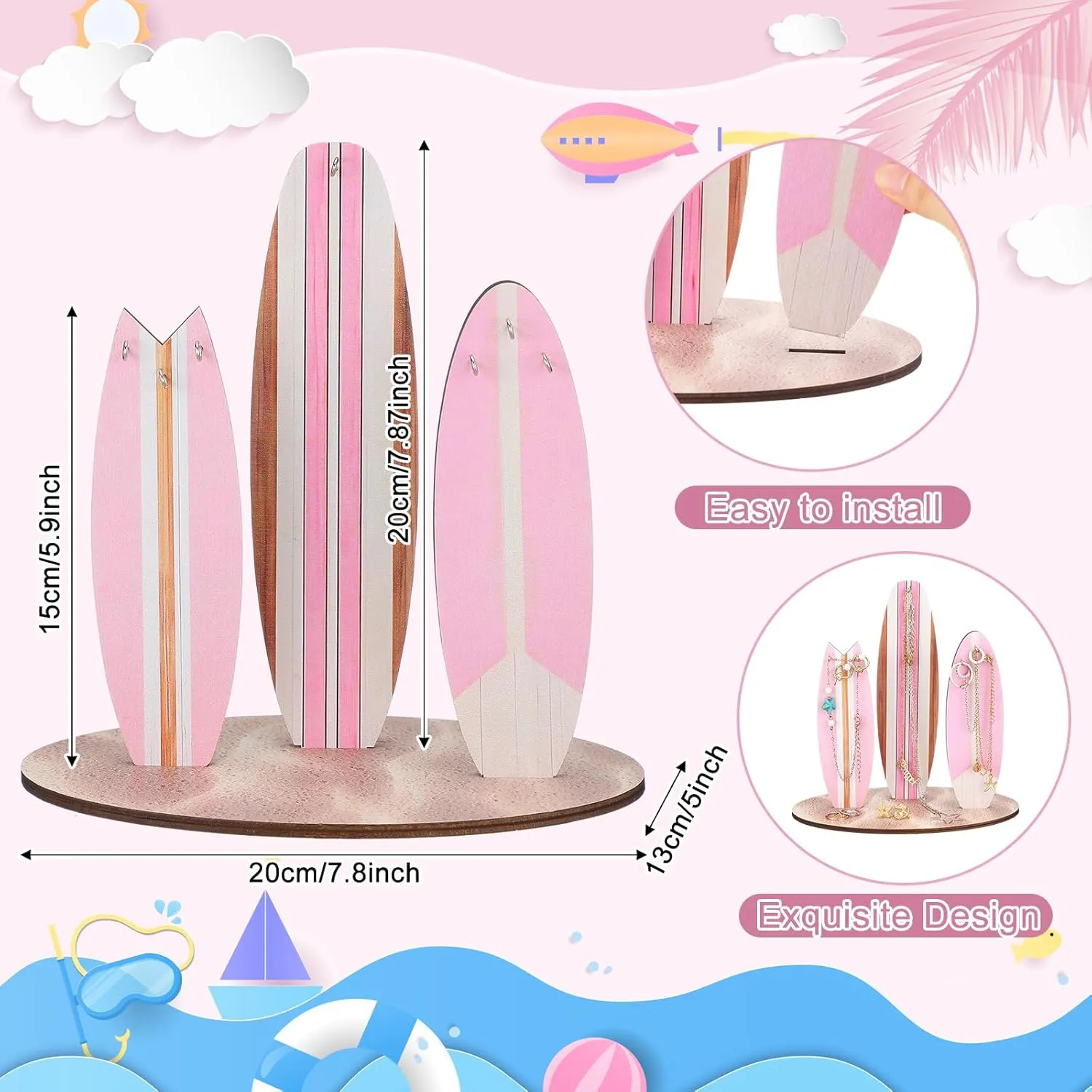 Jewelry Organizer Stand,Preppy Beach Room Decor for Teen Girls,Coastal Room Decor,Surfboard Jewelry Holder,Wooden Hawaii Surfer Gift(Pink)