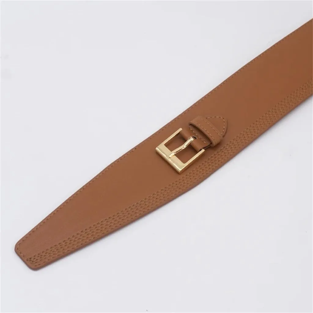 JSEIAJB Waist Women's Wide Leather Belt With Striped Embossed Decorative Dress Belt