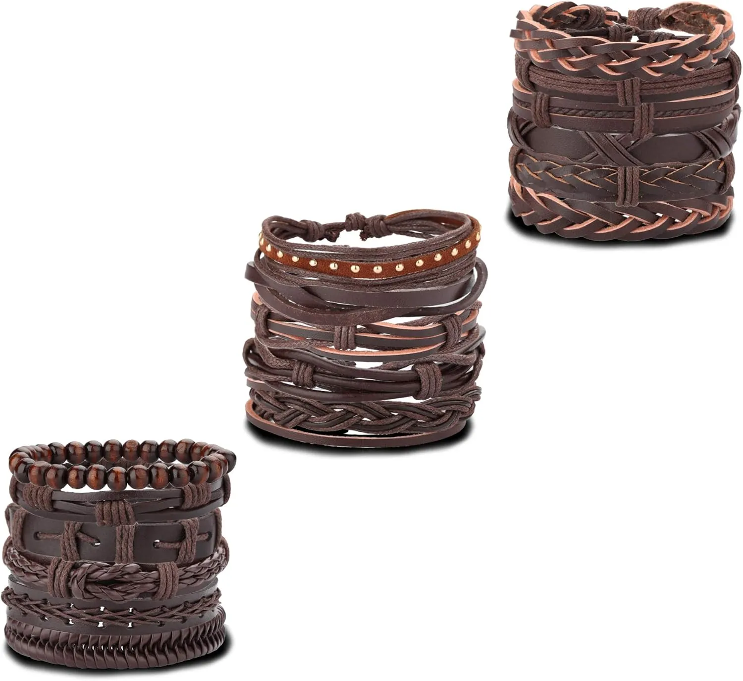 Jstyle 17Pcs Braided Leather Bracelet for Men Women Wooden Beaded Cuff Wrap Bracelet Adjustable