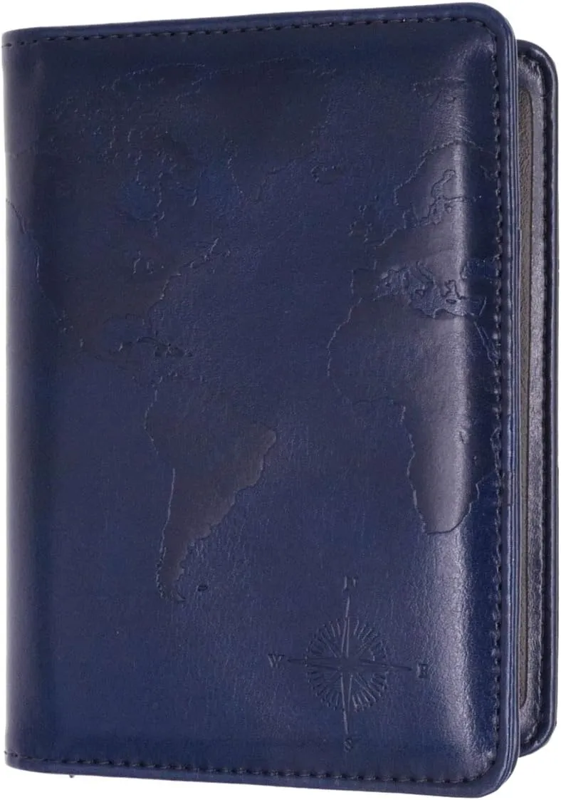 kandouren RFID Blocking Passport Holder Cover Case,Travel Luggage Passport Wallet Made with Blue Map Crazy Horse PU Leather for Men & Women