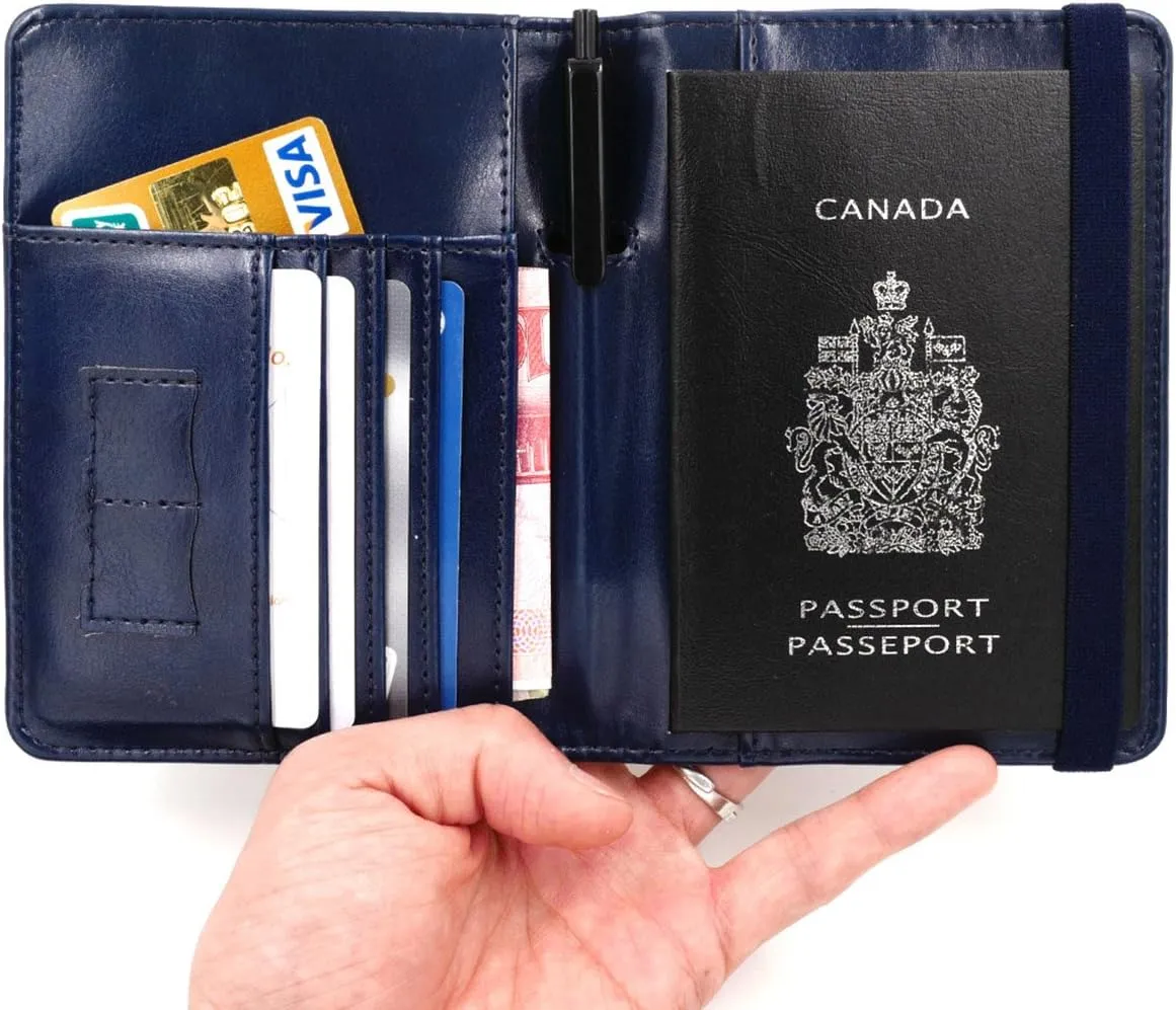 kandouren RFID Blocking Passport Holder Cover Case,Travel Luggage Passport Wallet Made with Blue Map Crazy Horse PU Leather for Men & Women