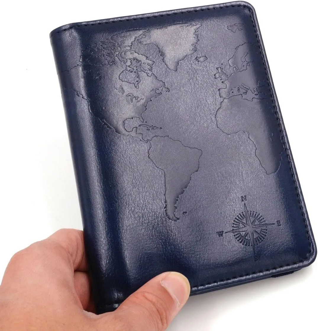 kandouren RFID Blocking Passport Holder Cover Case,Travel Luggage Passport Wallet Made with Blue Map Crazy Horse PU Leather for Men & Women