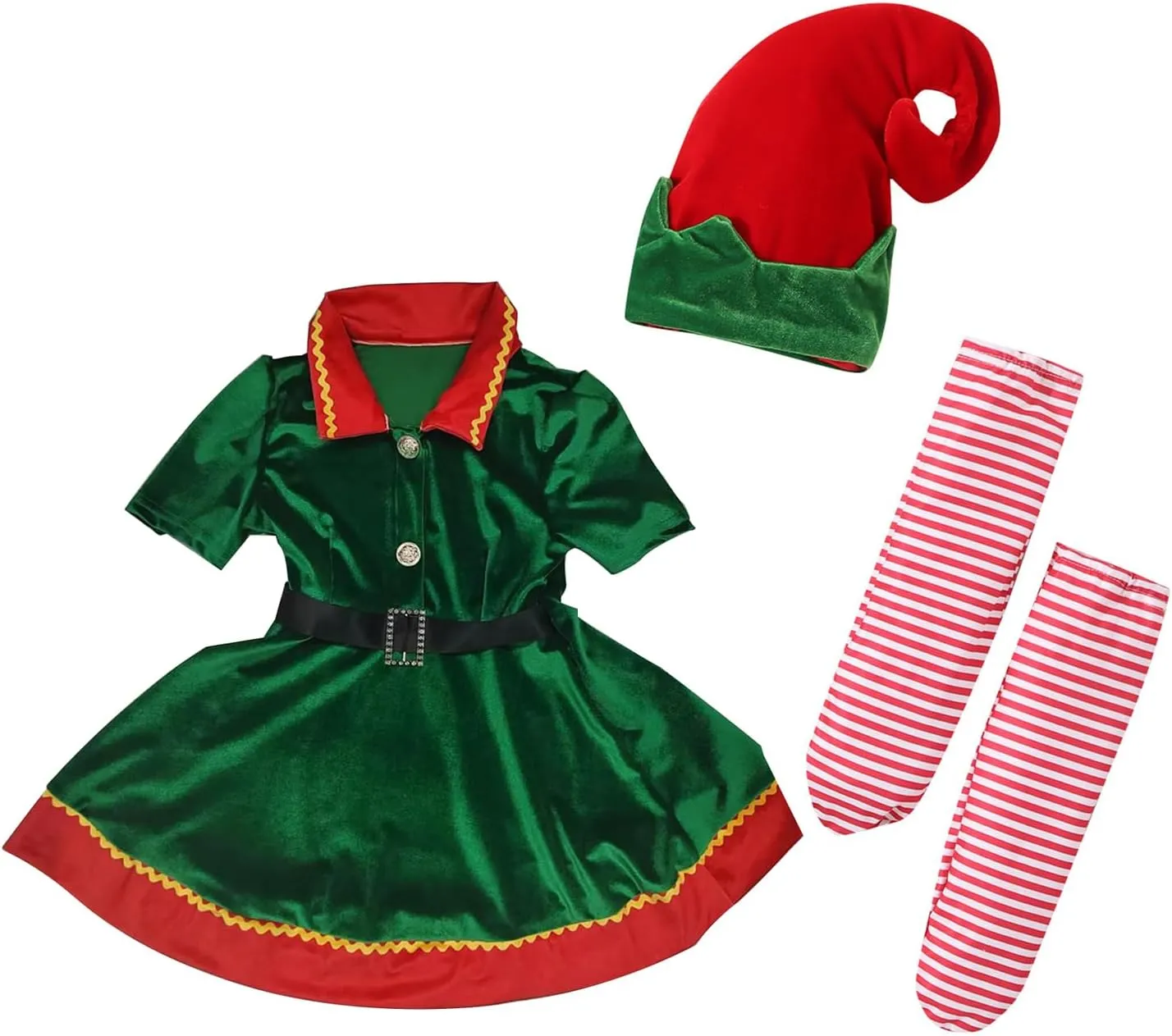 Kids Toddler Baby Girls Christmas Elf Costume Santa Clothes Velvet Princess Dress Hat Socks Holiday Dress Up Costume