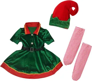 Kids Toddler Baby Girls Christmas Elf Costume Santa Clothes Velvet Princess Dress Hat Socks Holiday Dress Up Costume