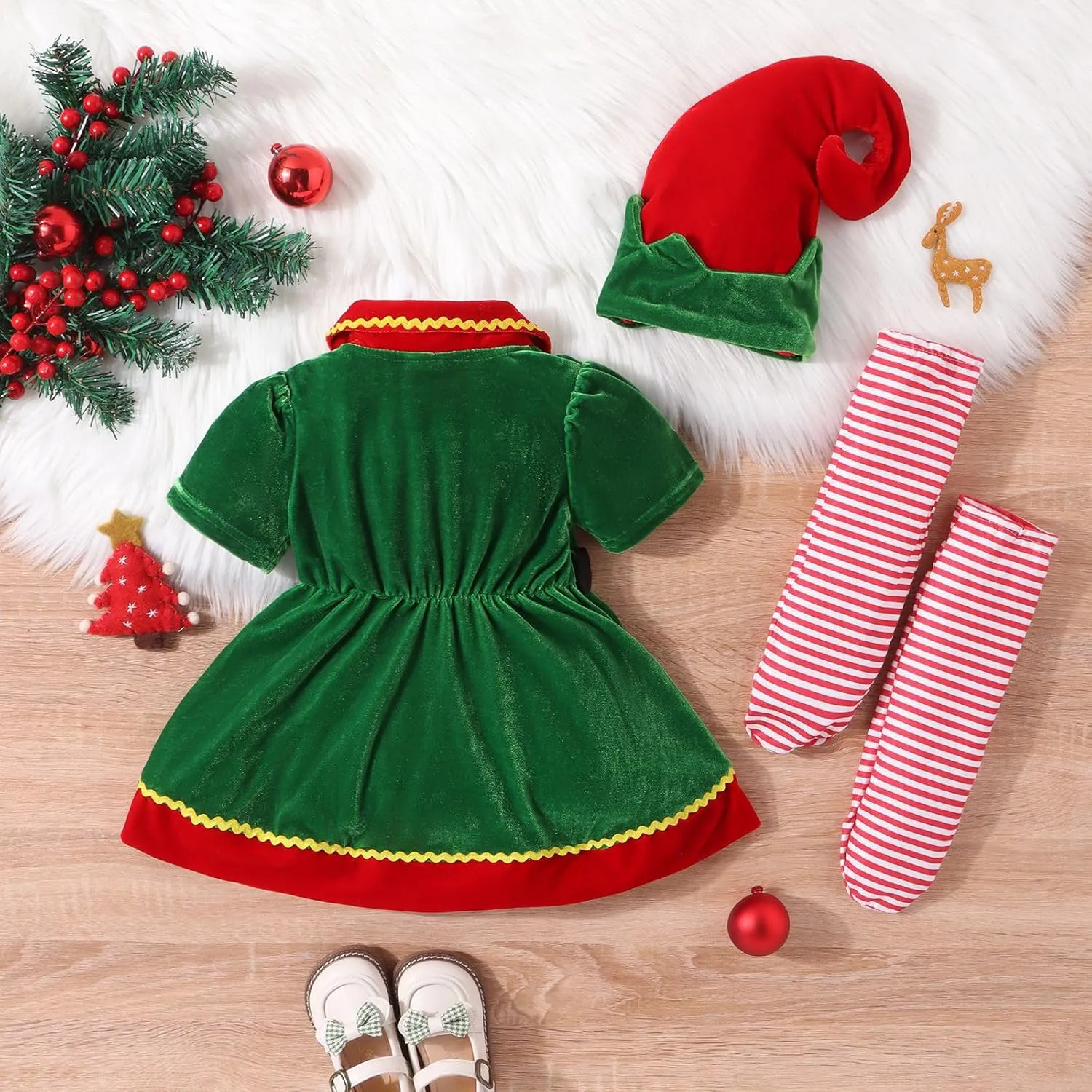 Kids Toddler Baby Girls Christmas Elf Costume Santa Clothes Velvet Princess Dress Hat Socks Holiday Dress Up Costume
