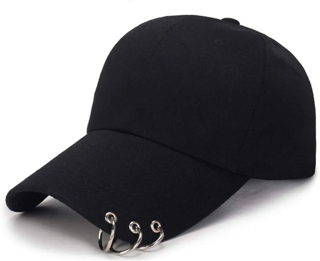 Kpop Hat Ring Baseball-Cap - Suga-Snapback Baseball Cap with Iron Rings (Black) (Medium, Black)