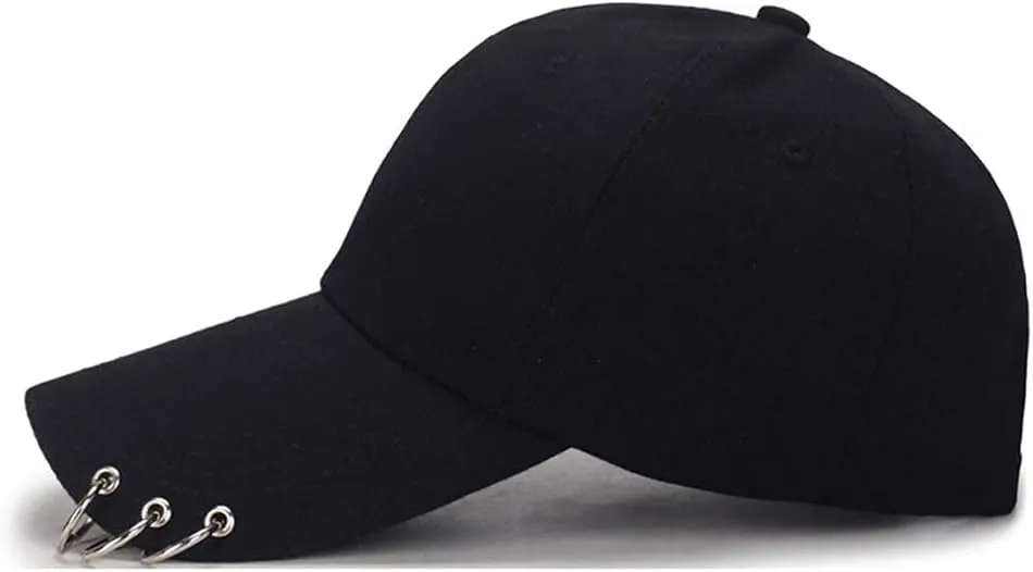 Kpop Hat Ring Baseball-Cap - Suga-Snapback Baseball Cap with Iron Rings (Black) (Medium, Black)