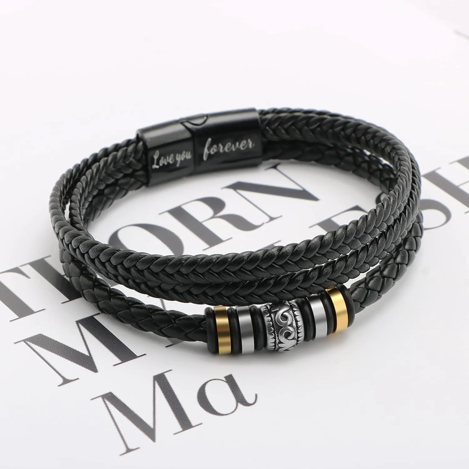 Leather Bracelet for Men Multi-Layer Braided Leather Bracelet with Clasp Black Inspirational Bangle Bracelet Wristband Christmas Birthday Valentine's Day Gifts for Boyfriend Husband Dad Brother Son Grandson