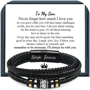 Leather Bracelet for Men Multi-Layer Braided Leather Bracelet with Clasp Black Inspirational Bangle Bracelet Wristband Christmas Birthday Valentine's Day Gifts for Boyfriend Husband Dad Brother Son Grandson