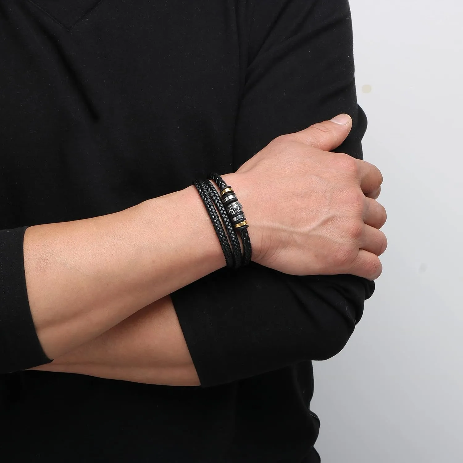 Leather Bracelet for Men Multi-Layer Braided Leather Bracelet with Clasp Black Inspirational Bangle Bracelet Wristband Christmas Birthday Valentine's Day Gifts for Boyfriend Husband Dad Brother Son Grandson