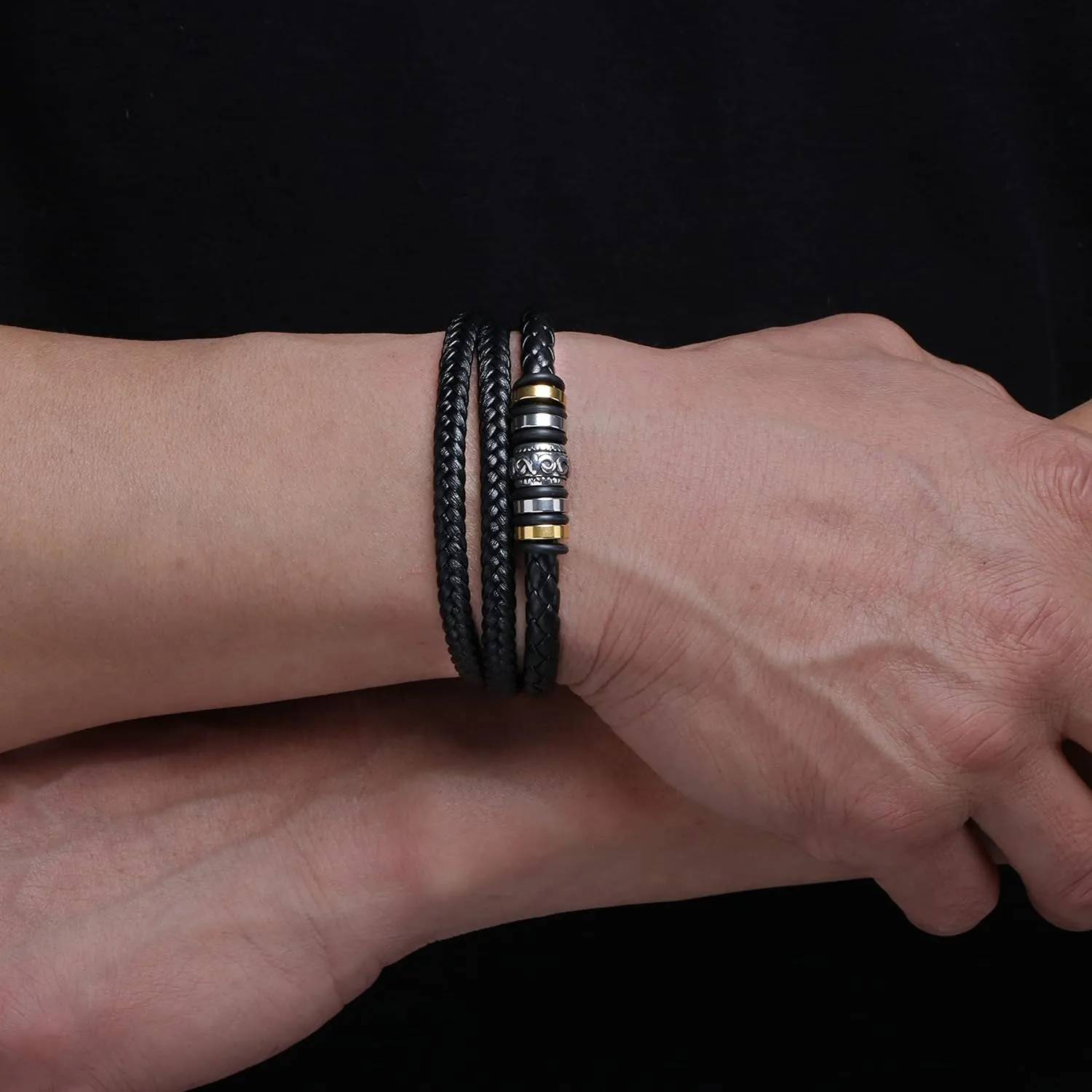 Leather Bracelet for Men Multi-Layer Braided Leather Bracelet with Clasp Black Inspirational Bangle Bracelet Wristband Christmas Birthday Valentine's Day Gifts for Boyfriend Husband Dad Brother Son Grandson