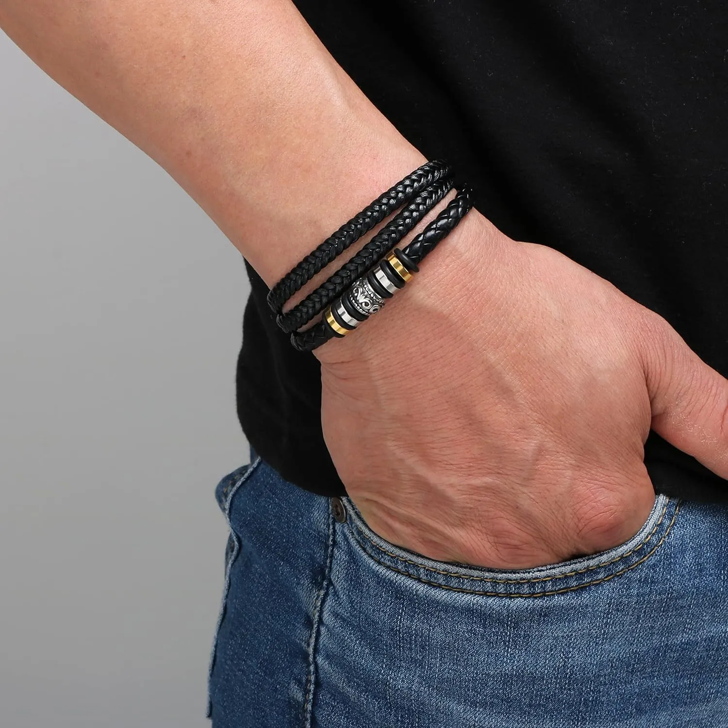 Leather Bracelet for Men Multi-Layer Braided Leather Bracelet with Clasp Black Inspirational Bangle Bracelet Wristband Christmas Birthday Valentine's Day Gifts for Boyfriend Husband Dad Brother Son Grandson