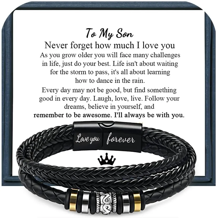 Leather Bracelet for Men Multi-Layer Braided Leather Bracelet with Clasp Black Inspirational Bangle Bracelet Wristband Christmas Birthday Valentine's Day Gifts for Boyfriend Husband Dad Brother Son Grandson
