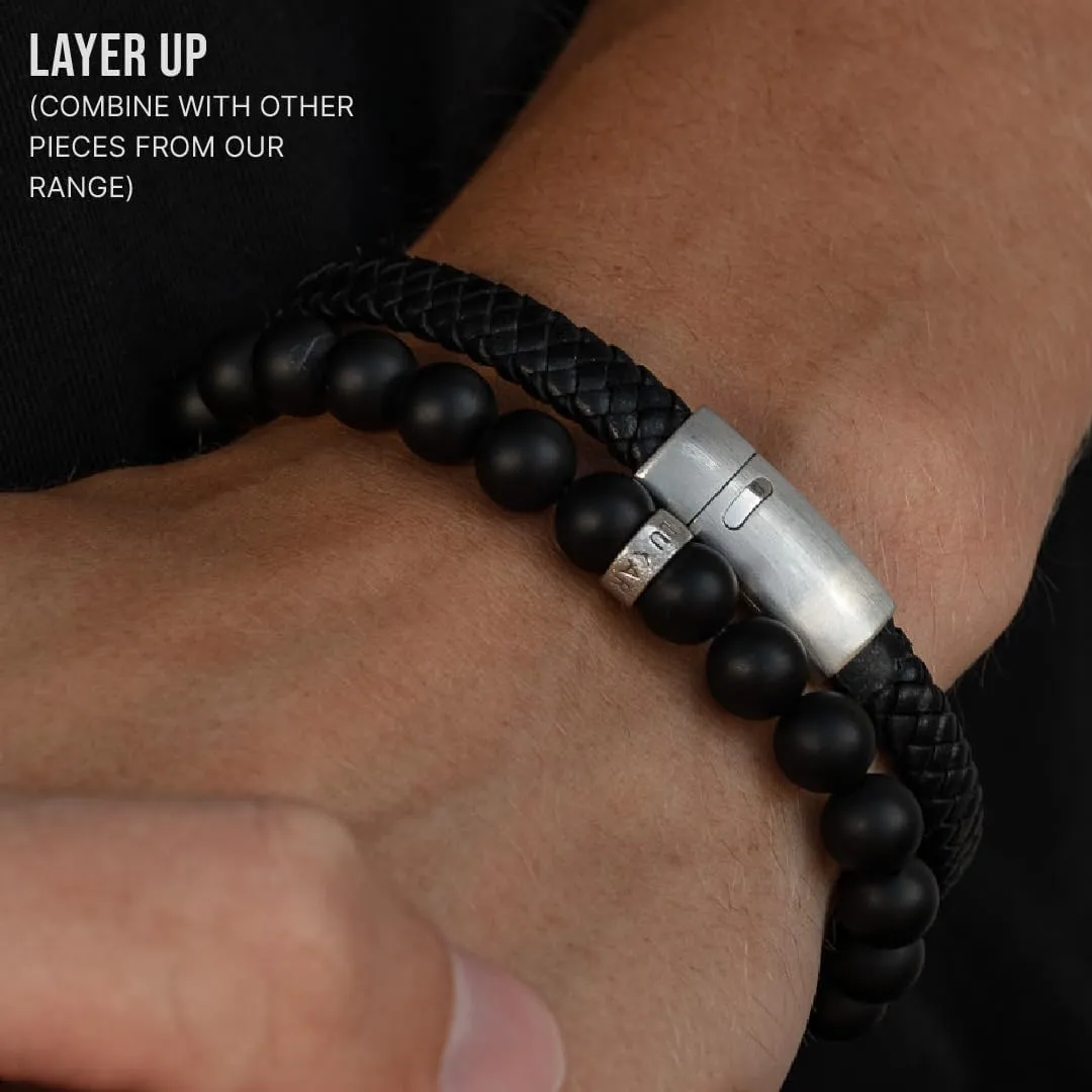 LUXAR Mens Genuine Leather Bracelet | Interwoven Black Leather Bracelets with Brush Stainless Steel Clasp | Minimalist, Designer Jewelry for Men