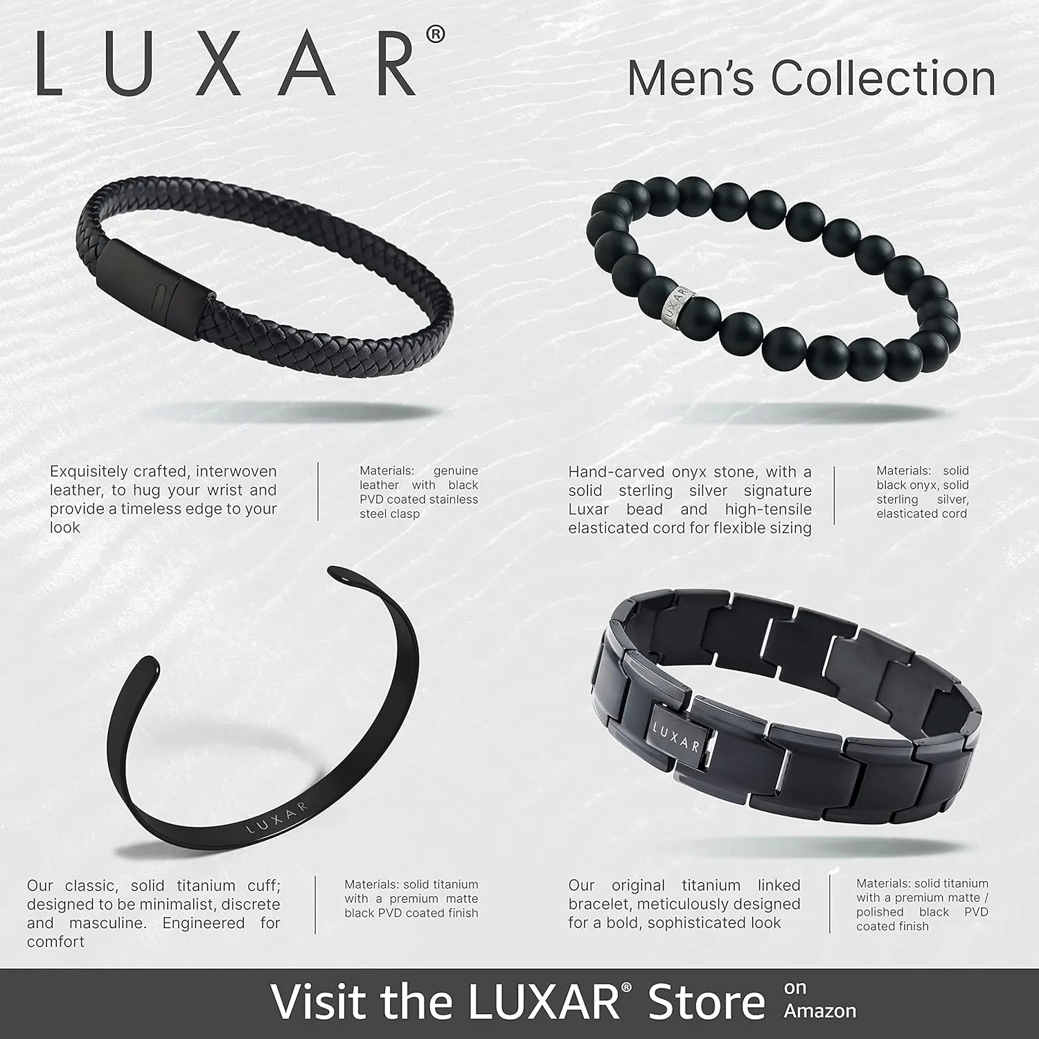 LUXAR Mens Genuine Leather Bracelet | Interwoven Black Leather Bracelets with Brush Stainless Steel Clasp | Minimalist, Designer Jewelry for Men