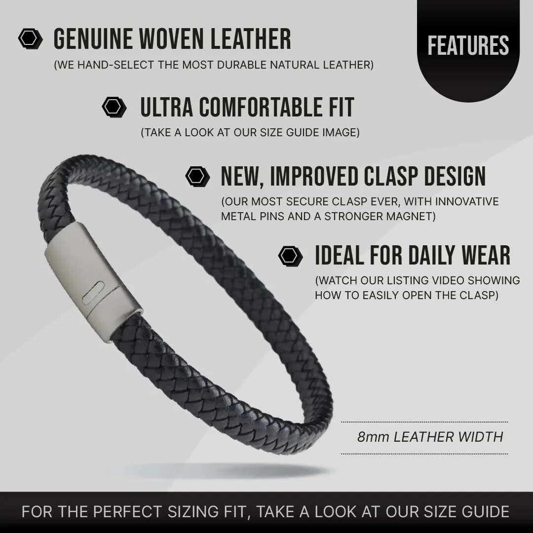 LUXAR Mens Genuine Leather Bracelet | Interwoven Black Leather Bracelets with Brush Stainless Steel Clasp | Minimalist, Designer Jewelry for Men