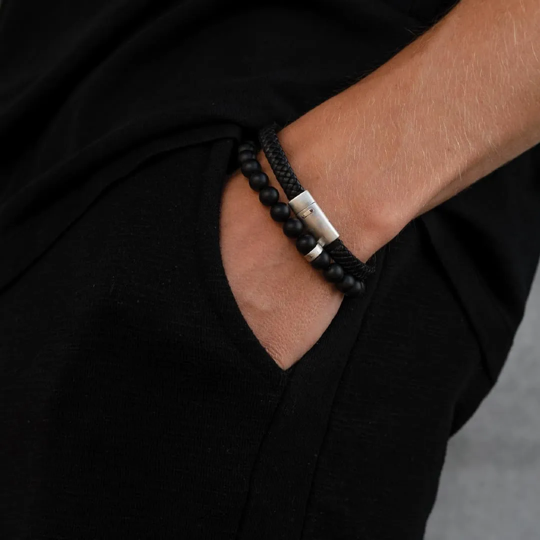 LUXAR Mens Genuine Leather Bracelet | Interwoven Black Leather Bracelets with Brush Stainless Steel Clasp | Minimalist, Designer Jewelry for Men
