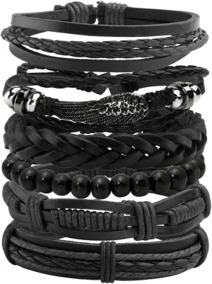 Mens Bracelet Braided Leather Punk Rock Cuff Bracelets Wrap Bracelet for Men Women Black