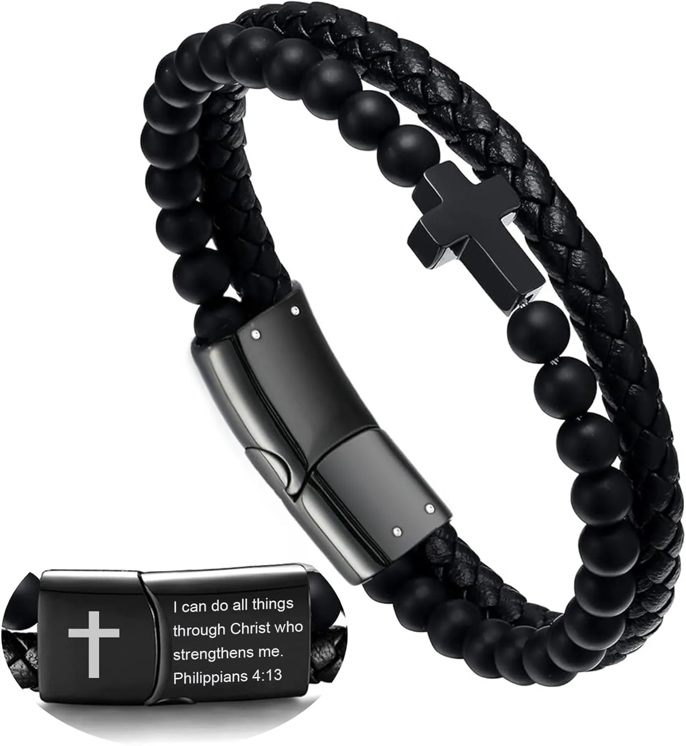 Mens Bracelet,Gifts for Men,Double-Row Black Braided Leather Bracelets for Men,Black Stainless Steel Cross Jewelry With Black Onyx Beads Bracelets,Charm Bracelet,For Dad,Friends,Brother,Sons
