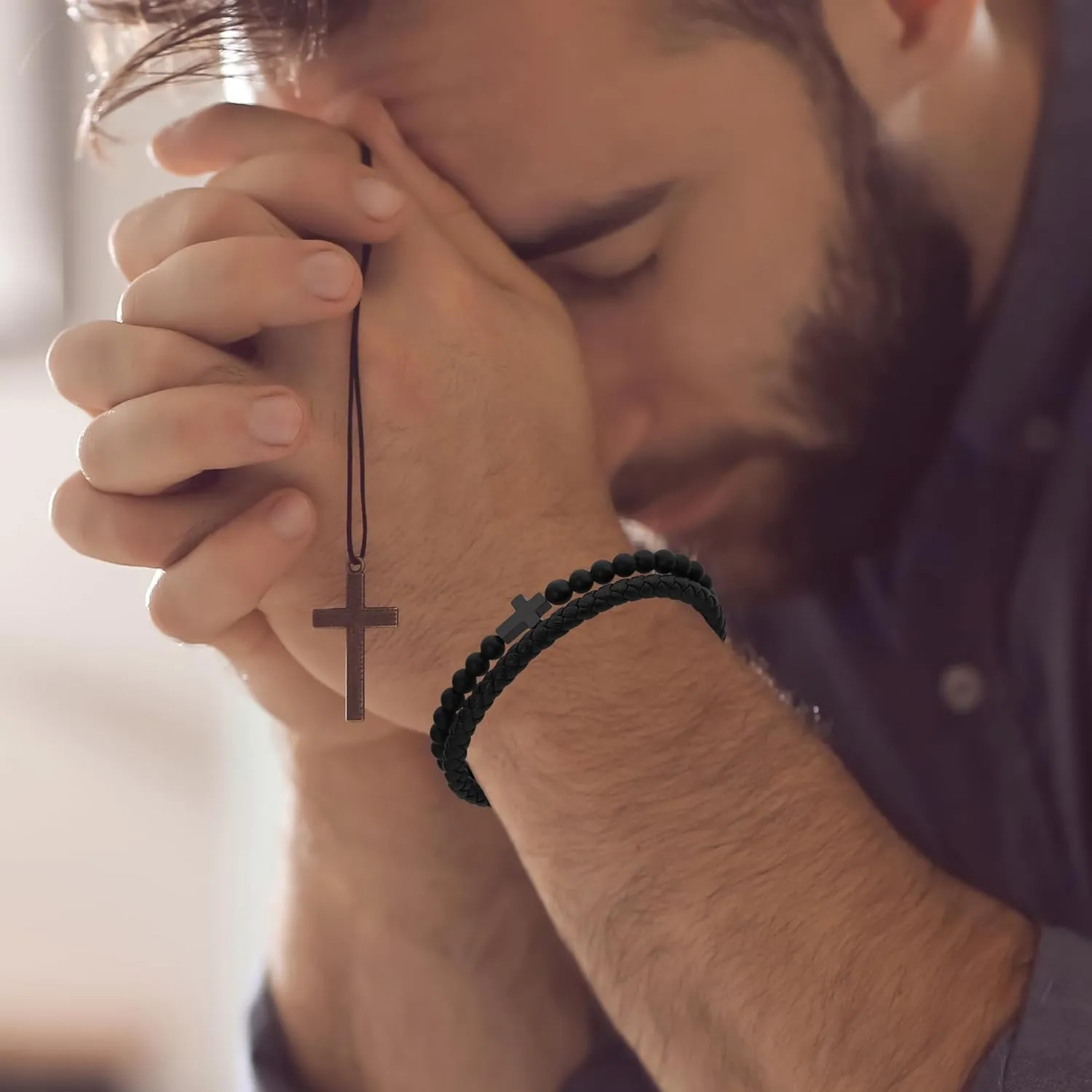 Mens Bracelet,Gifts for Men,Double-Row Black Braided Leather Bracelets for Men,Black Stainless Steel Cross Jewelry With Black Onyx Beads Bracelets,Charm Bracelet,For Dad,Friends,Brother,Sons
