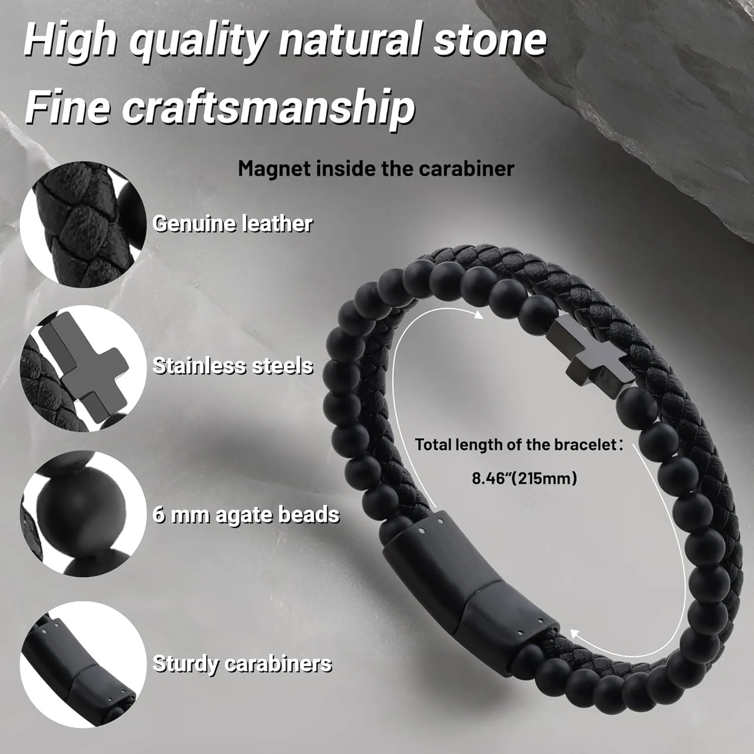 Mens Bracelet,Gifts for Men,Double-Row Black Braided Leather Bracelets for Men,Black Stainless Steel Cross Jewelry With Black Onyx Beads Bracelets,Charm Bracelet,For Dad,Friends,Brother,Sons
