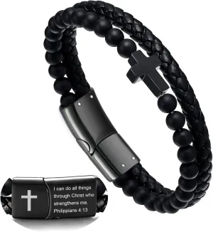 Mens Bracelet,Gifts for Men,Double-Row Black Braided Leather Bracelets for Men,Black Stainless Steel Cross Jewelry With Black Onyx Beads Bracelets,Charm Bracelet,For Dad,Friends,Brother,Sons