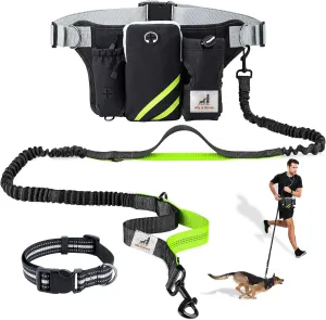 Mila & Winnie Hands Free Dog Leash with Zipper Pouch - Waist Belt with Multi Pockets Bag - Reflective Stitching Bungee with Running Waist Belt & Head Collar for Dogs Training, Jogging, Hiking, Green