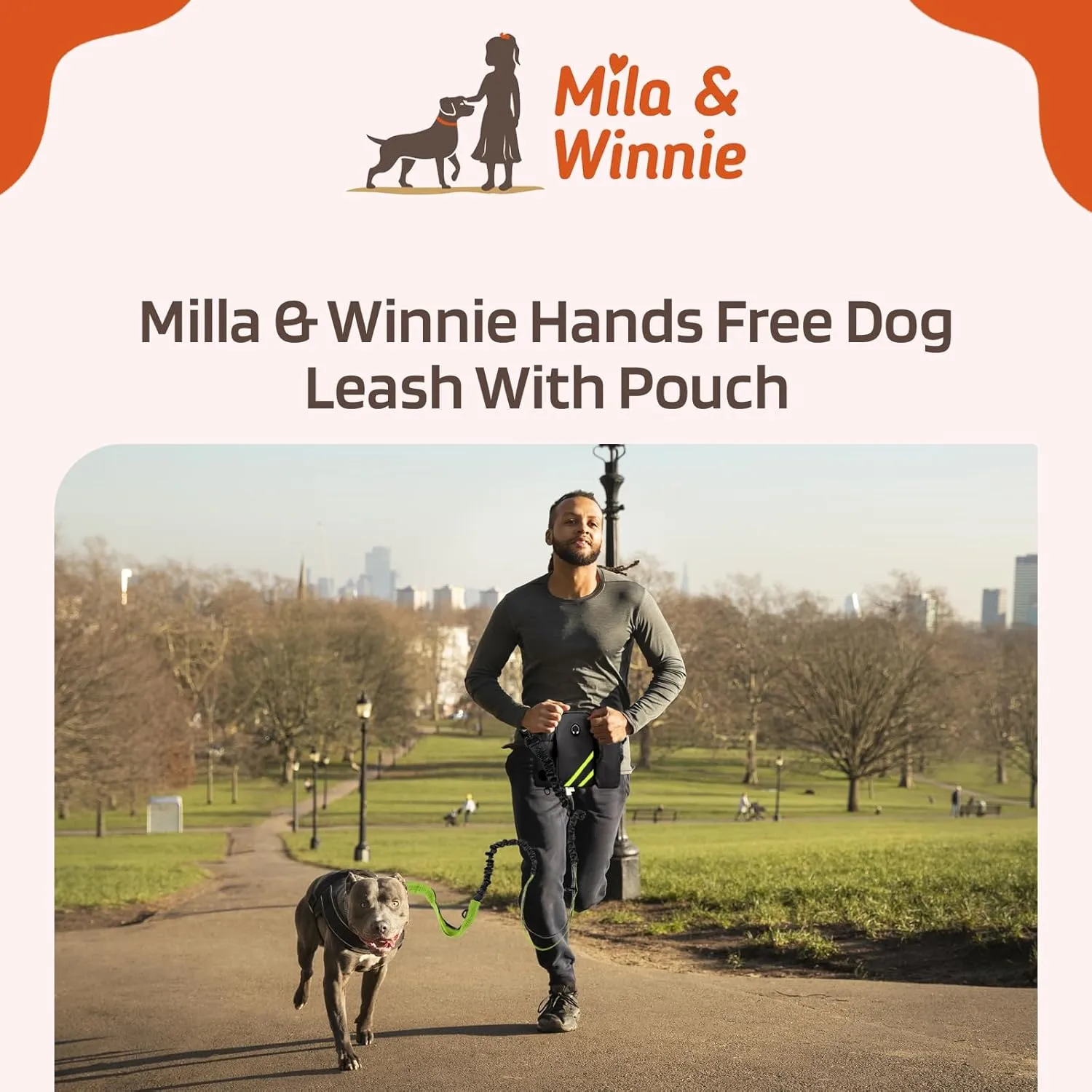 Mila & Winnie Hands Free Dog Leash with Zipper Pouch - Waist Belt with Multi Pockets Bag - Reflective Stitching Bungee with Running Waist Belt & Head Collar for Dogs Training, Jogging, Hiking, Green
