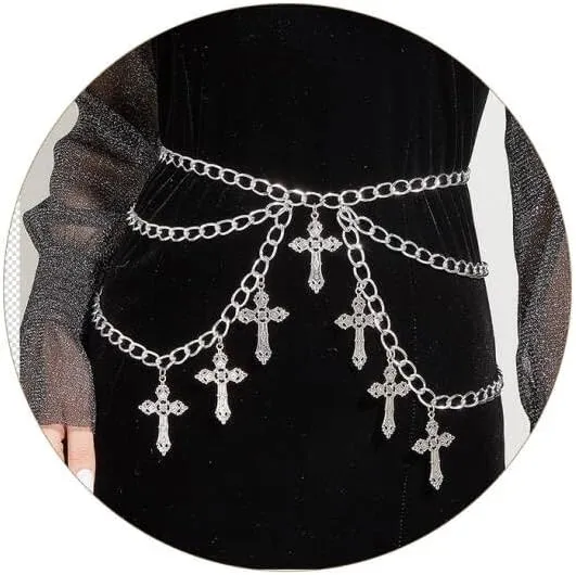 Milakoo Cross Pendant Waist Chains for Women Y2K Goth Punk Style Multilayer Chain Belt Grunge Cross Belt