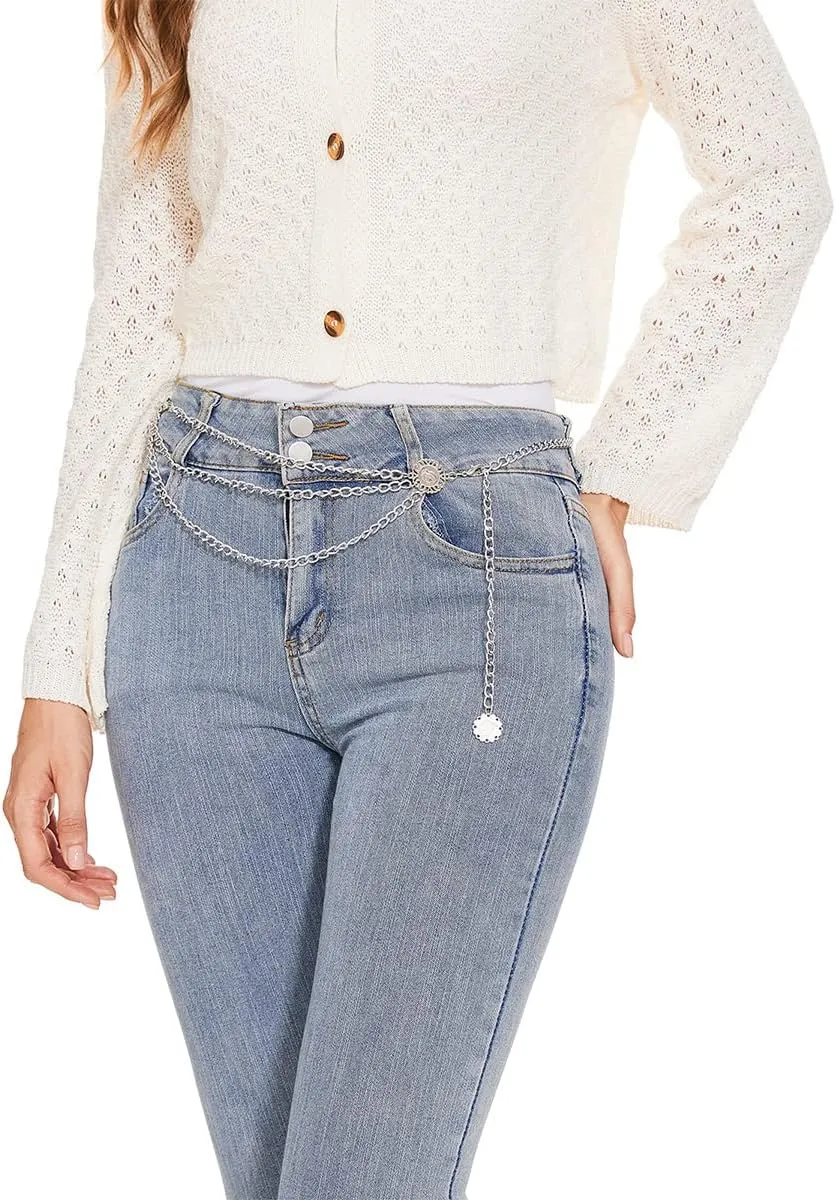 Multilayer Metal Waist Chain Belt for Women, Adjustable Women Long Belt Body Belly Jewelry for Dresses Jeans Trousers