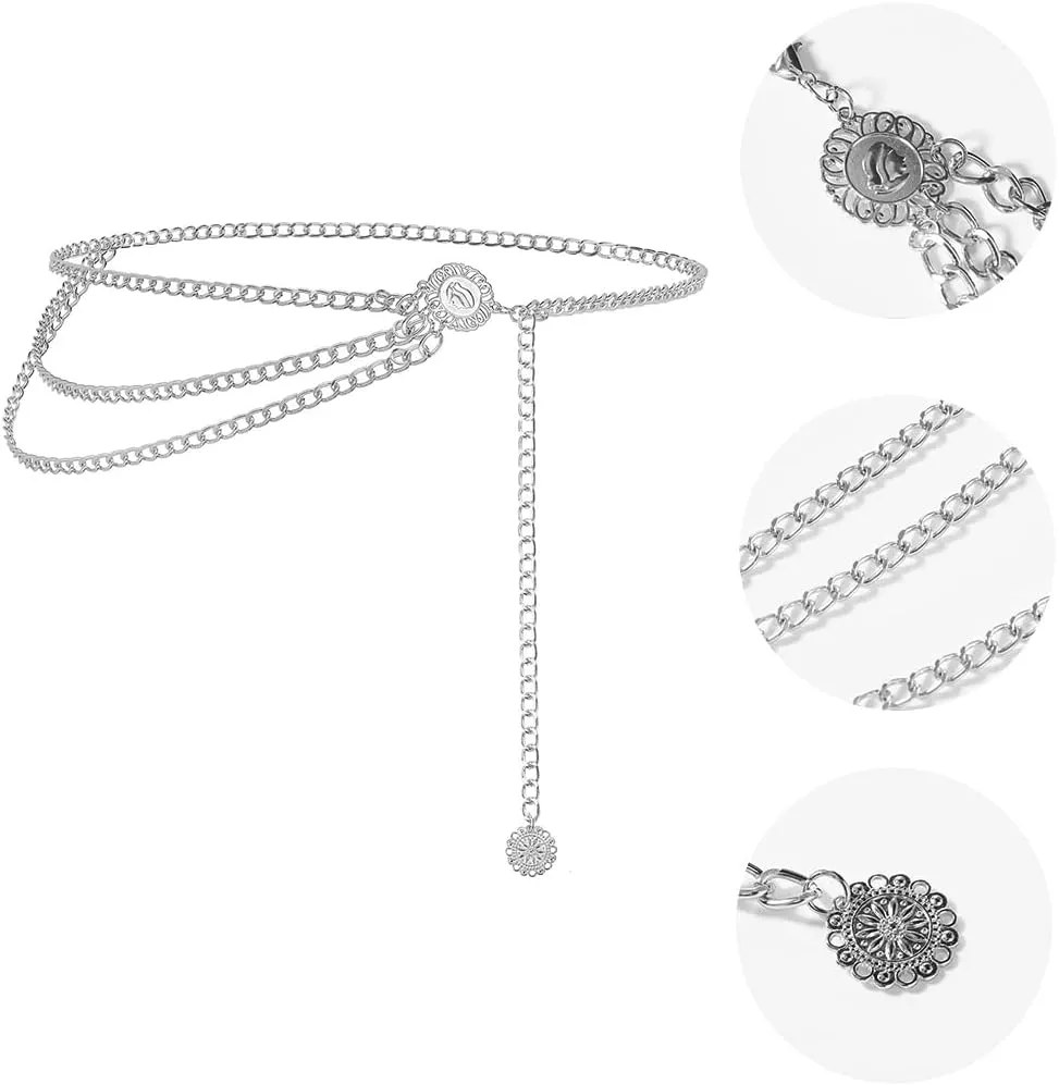 Multilayer Metal Waist Chain Belt for Women, Adjustable Women Long Belt Body Belly Jewelry for Dresses Jeans Trousers