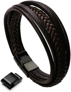murtoo Mens Leather Bracelet with Clasp Cowhide Multi-Layer Braided Leather Mens Bracelet
