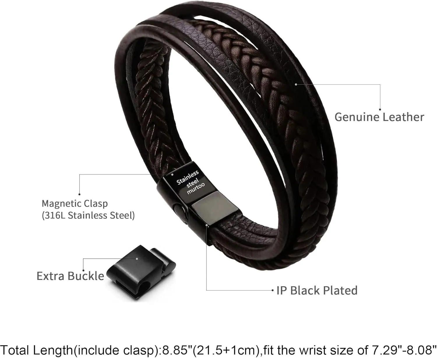 murtoo Mens Leather Bracelet with Clasp Cowhide Multi-Layer Braided Leather Mens Bracelet
