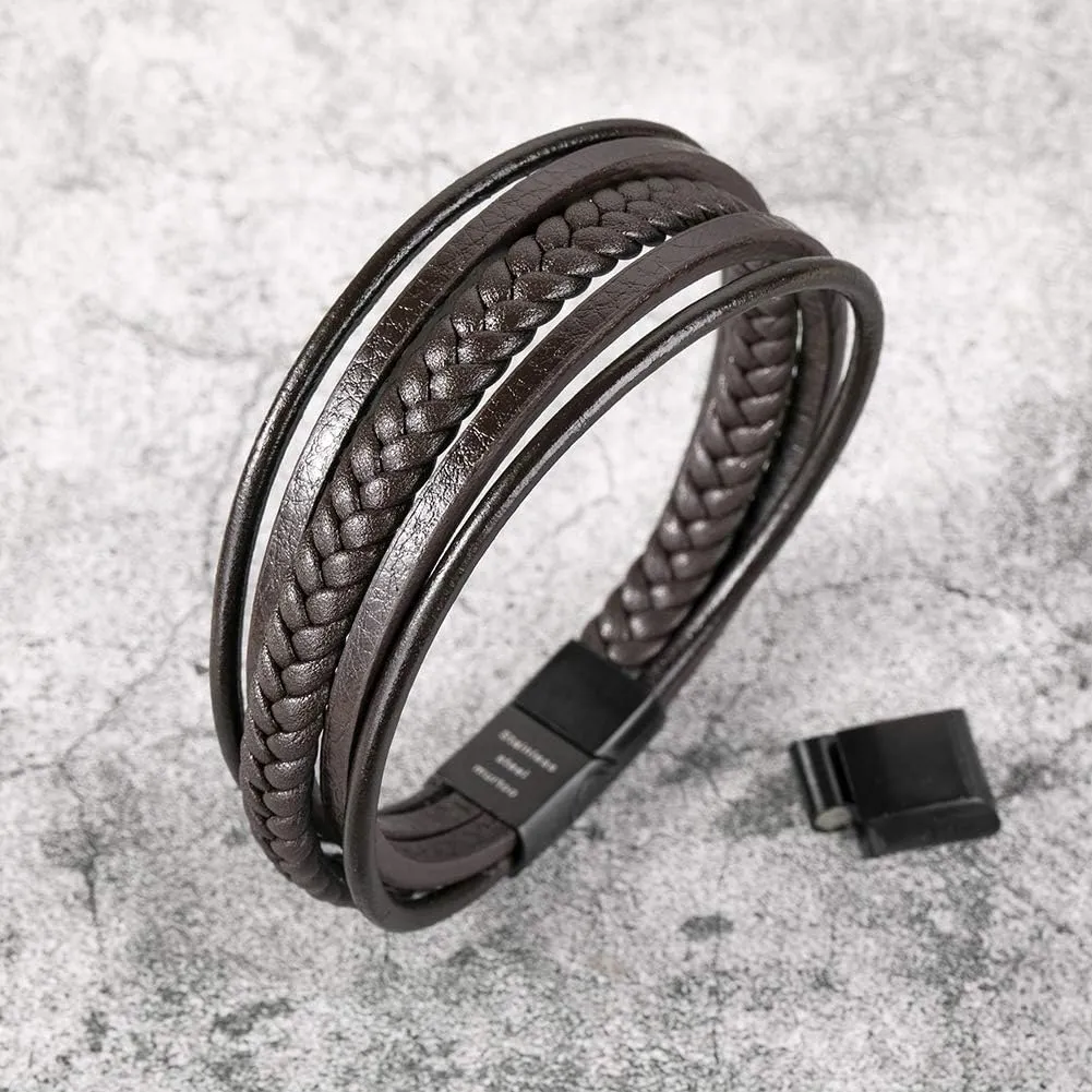 murtoo Mens Leather Bracelet with Clasp Cowhide Multi-Layer Braided Leather Mens Bracelet